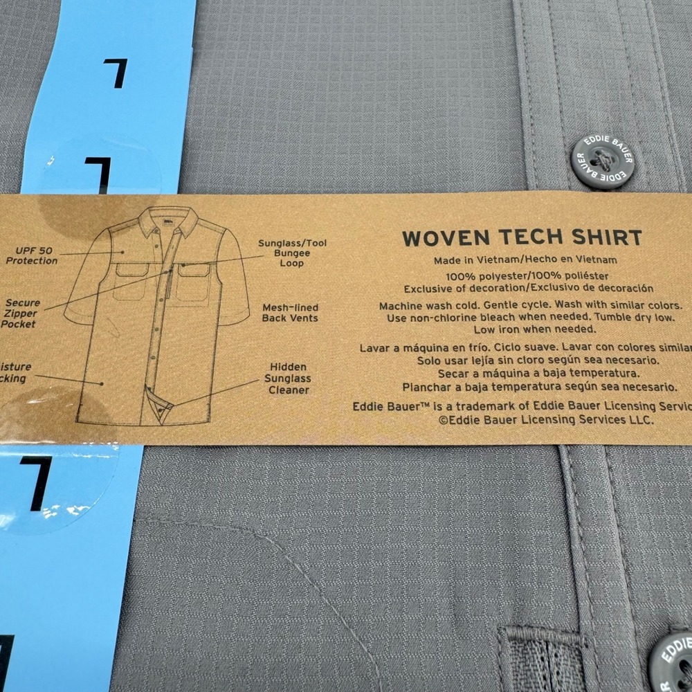 Eddie Bauer Mens Woven Tech Shirt Grey Short Sleeve UPF 50 Fishing Hiking LARGE - Picture 5 of 5